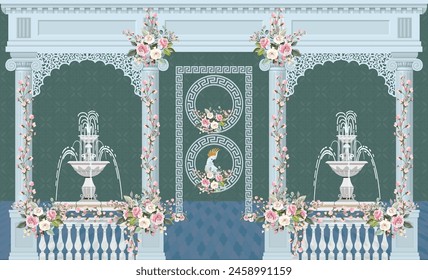 Traditional Roman garden, arch, swan, wallpaper. Greek Roman  illustration border for wedding invitation, wedding backdrop.