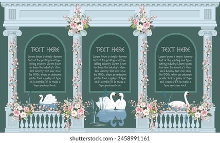 Traditional Roman garden, arch, swan, wallpaper. Greek Roman  illustration border for wedding invitation, wedding backdrop.