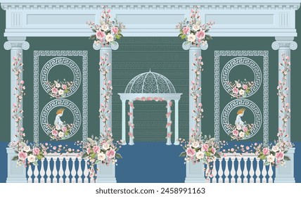 Traditional Roman garden, arch, swan, wallpaper. Greek Roman  illustration border for wedding invitation, wedding backdrop.