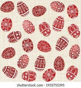 Traditional Romanian Easter Eggs. Vector seamless pattern on fabric textured background for website, printing on fabric, gift wrap and wallpapers