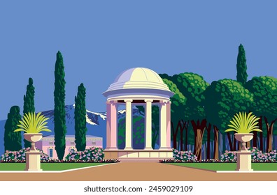 Gazebo romántico tradicional en un parque con un jardín, camas con flores, árboles, un palacio italiano y montañas en el fondo. Ilustración vectorial de dibujo hecha a mano.