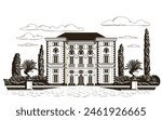 Traditional romantic old chateau with a garden, flowering beds, cypress trees in the background. Graphic monochrome landscape. Engraved hand drawn old sketch vector.