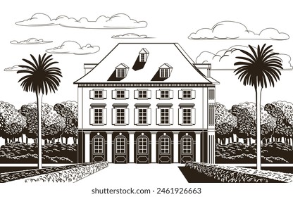 Traditional romantic old chateau with a garden, flowering beds, palms in the background. Graphic monochrome landscape. Engraved hand drawn old sketch vector.