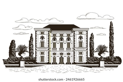 Tradicional castillo antiguo romántico con un jardín, camas con flores, cipreses en el fondo. Paisaje gráfico monocromo. Vector de dibujo antiguo grabado a mano.