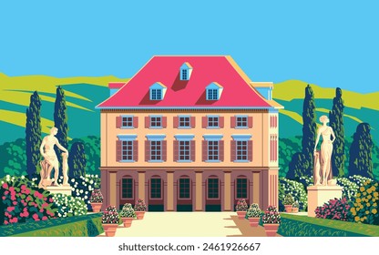 Traditional romantic old chateau with garden, statues, flowering beds and trees. Handmade drawing vector illustration.