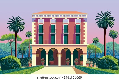 Traditional romantic old chateau with garden, palms, flowering beds and trees. Handmade drawing vector illustration.