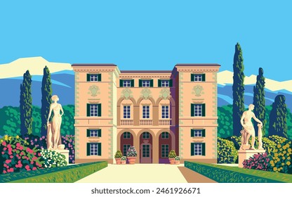 Tradicional y romántico castillo antiguo con jardín, estatuas, camas con flores y árboles. Ilustración vectorial de dibujo hecha a mano.