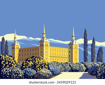 Traditional romantic old medieval castle in Spain with a garden, flowering beds, trees and mountains in the background. Handmade drawing vector illustration.