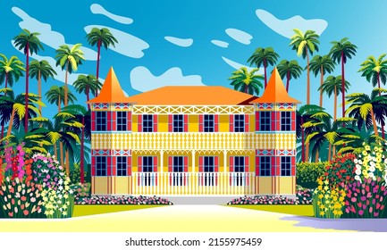 Traditional romantic old plantation house with garden, flowering shrubs and palms. Handmade drawing vector illustration. All objects are grouped by layers. 