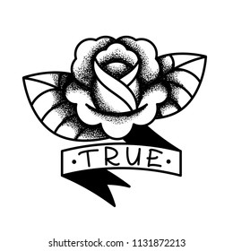 Traditional rose tattoo with ribbon and lettering on it