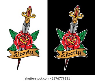 Traditional rose tattoos, Old school rose, Liberty Rose tattoos, sticker, dagger, traditional ink