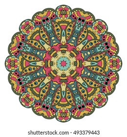 Traditional round ornament. Oriental pattern. Mandala. Doodle drawing. Blue and pink