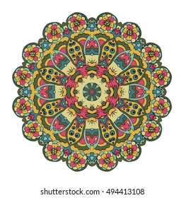 Traditional round ornament. Oriental pattern. Mandala. Doodle drawing. Blue and pink colors