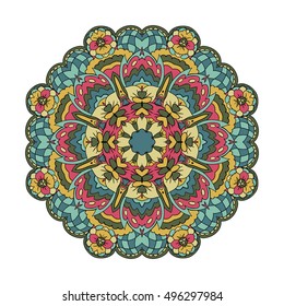 Traditional round ornament. Oriental pattern. Mandala. Doodle drawing. Blue, yellow and pink colors