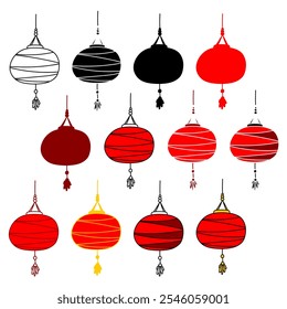 Lanternas vermelhas redondas tradicionais. Conjunto de ícones diferentes. Vermelho, bordo, preto, amarelo, dourado. Festival da lanterna, chinês, Ano Novo Lunar, feriados do festival. Asiático, oriental, elementos de arte de design