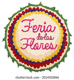 Traditional round Silleta design decorated with Colombian flag colors and text commemorating the Festival of the Flowers -or Feria de las Flores, in Spanish-.