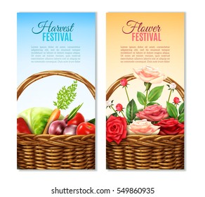 Traditional round wicker baskets with vegetables and roses 2 vertical festival colorful backgrounds banners set isolated vector illustrations