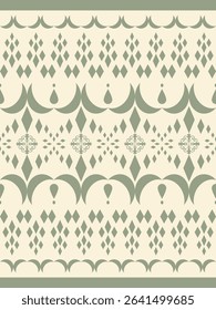 Traditional Royal Geometric Olive Green Exquisitely Diamond and Scroll Ornament on Light Beige Background. Charming Pattern Weaves Handicraft Silk Homespun Curly Style Embroidery Ethnic Dress Fashion 