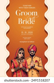 Traditional royal Punjabi wedding invitation card design with bride and groom save the date invite