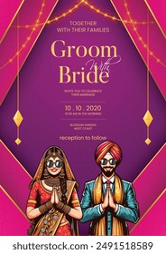 Traditional royal Punjabi wedding invitation card design with bride and groom save the date invite