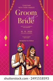 Traditional royal Punjabi wedding invitation card design with bride and groom save the date invite