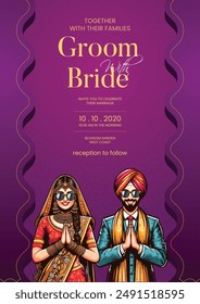 Traditional royal Punjabi wedding invitation card design with bride and groom save the date invite