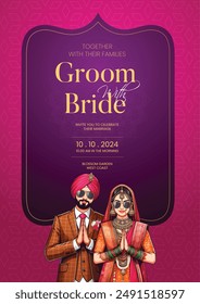 Traditional royal Punjabi wedding invitation card design with bride and groom save the date invite