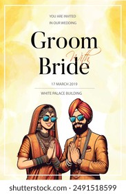 Traditional royal Punjabi wedding invitation card design with bride and groom save the date invite