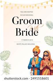 Traditional royal Punjabi wedding invitation card design with bride and groom save the date invite