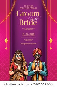 Traditional royal Punjabi wedding invitation card design with bride and groom save the date invite