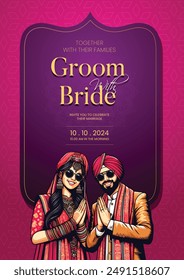 Traditional royal Punjabi wedding invitation card design with bride and groom save the date invite