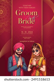 Traditional royal Punjabi wedding invitation card design with bride and groom save the date invite