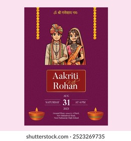 Traditional Royal Wedding Invitation card design with Bride and Groom Welcoming illustration	