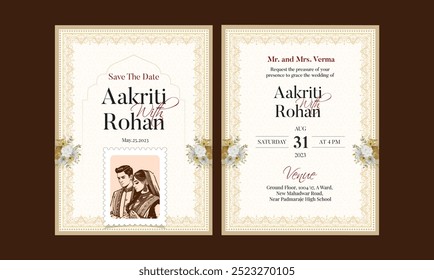 Traditional Royal Wedding Invitation card design with Bride and Groom illustration	