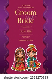 Traditional Royal Wedding Invitation card design with Bride and Groom illustration	