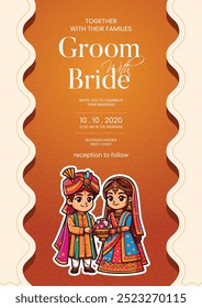 Traditional Royal Wedding Invitation card design with Bride and Groom illustration	