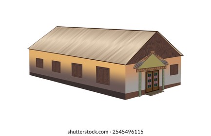 Traditional rural house vector illustration with wooden door and pillars, brown gradient walls, and sloping roof - ideal for architecture and cultural design projects