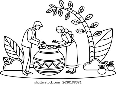 Escena rural tradicional con dos personas reuniendo y preparando comida en una olla decorativa