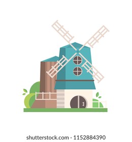 Traditional rural windmill, building with blue roof, ecological agricultural manufacturing vector Illustrations on a white background