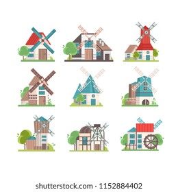 Traditional rural windmill set, ecological agricultural manufacturing vector Illustrations on a white background