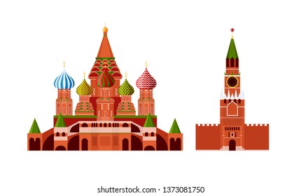 Traditional Russian architecture. Russian culture, landmarks and symbols. Architectural building Kremlin and St. Basil's Cathedral, Moscow, monuments. Travel, vacation in Russia. Vector illustration