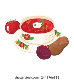 Traditional Russian beet soup - borscht. A beautifully presented dish with sour cream, tomato and rye bread. Vector illustration isolated on transparent background.