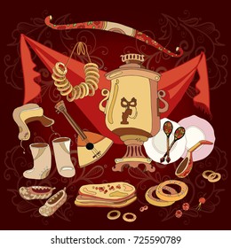 Traditional Russian cuisine and culture. Balalayka, samovar, matryoshka, hand drawn vector. Welcome to Russia 