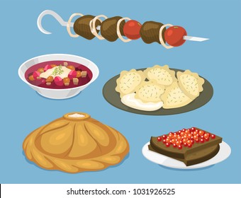 Traditional Russian cuisine culture dish course food welcome to Russia gourmet national meal vector illustration