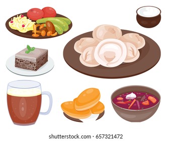 Traditional Russian cuisine culture dish course food welcome to Russia gourmet national meal vector illustration