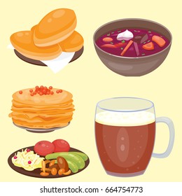 Traditional Russian cuisine culture dish course food welcome to Russia gourmet national meal vector illustration