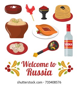 Traditional Russian cuisine culture dish course food welcome to Russia gourmet national meal vector illustration