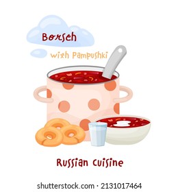 Traditional Russian cuisine. The most popular soup in Russia. Borsch with pampushki. Editable vector illustration in a cartoon style isolated on a white background. Graphic design