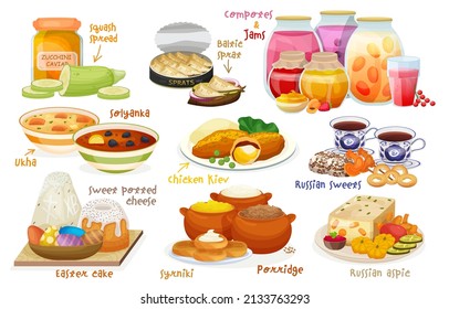 Traditional Russian cuisine. The most popular dishes in Russia. Ukha, solyanka, syrniki, aspic, compotes. Editable vector illustration in a cartoon style isolated on white background. Graphic design
