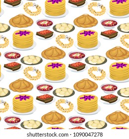 Traditional Russian cuisine seamless pattern background culture dish course food welcome to Russia gourmet national meal vector illustration